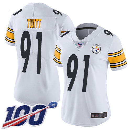 Women Pittsburgh Steelers Football #91 Limited White Stephon Tuitt Road 100th Season Vapor Untouchable Nike NFL Jersey